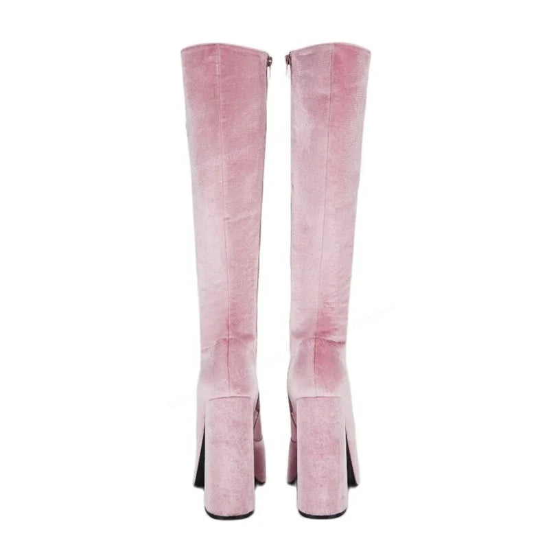 Pink Suede Knee High Boots Cross Tied Hollow Out Round Toe Shoes for Women