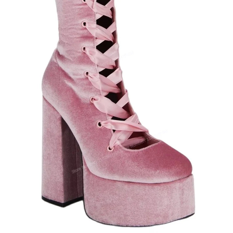 Pink Suede Knee High Boots Cross Tied Hollow Out Round Toe Shoes for Women