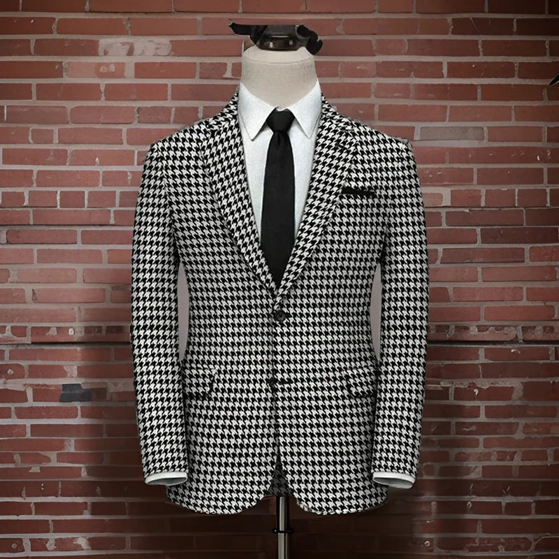 Men's Houndstooth Checkered Suit with Black Tie