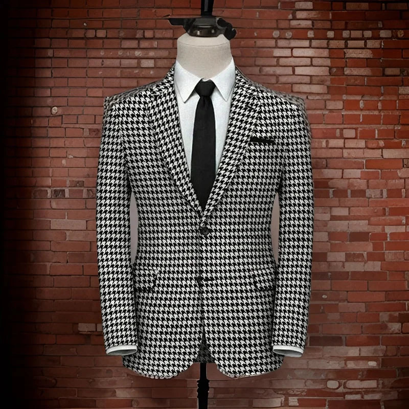 Men's Houndstooth Checkered Suit with Black Tie