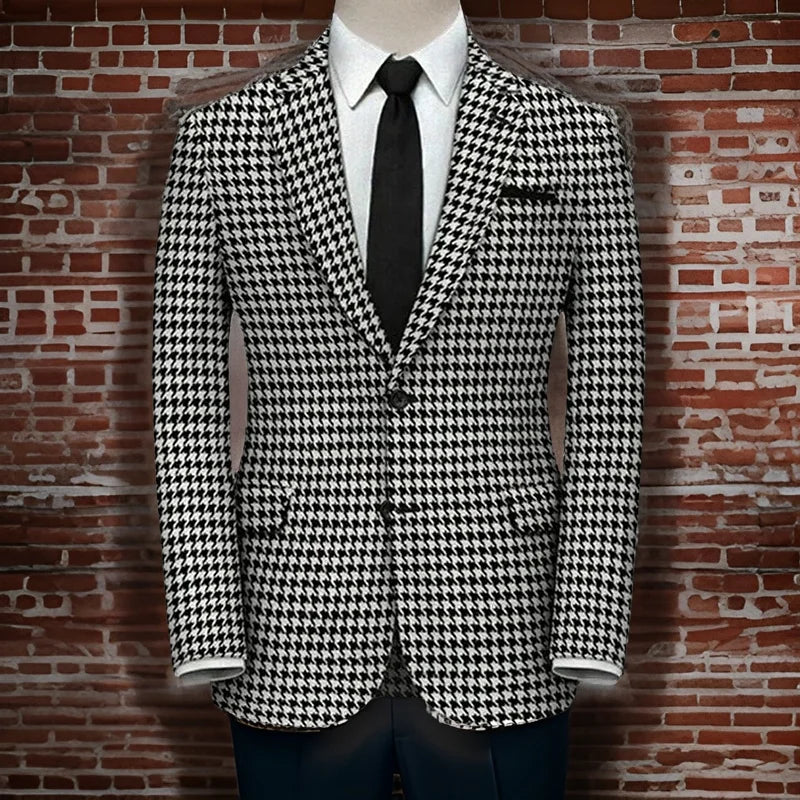 Men's Houndstooth Checkered Suit with Black Tie