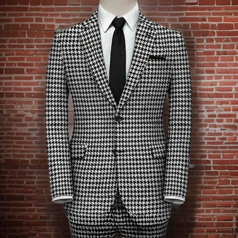 Men's Houndstooth Checkered Suit with Black Tie