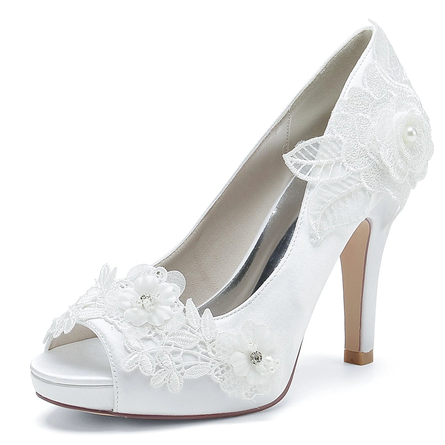 Elegant Satin Lace Flower Platform High Heels for Wedding