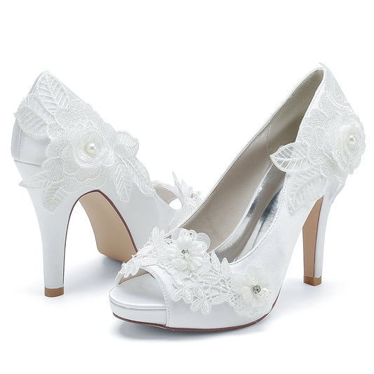 Elegant Satin Lace Flower Platform High Heels for Wedding