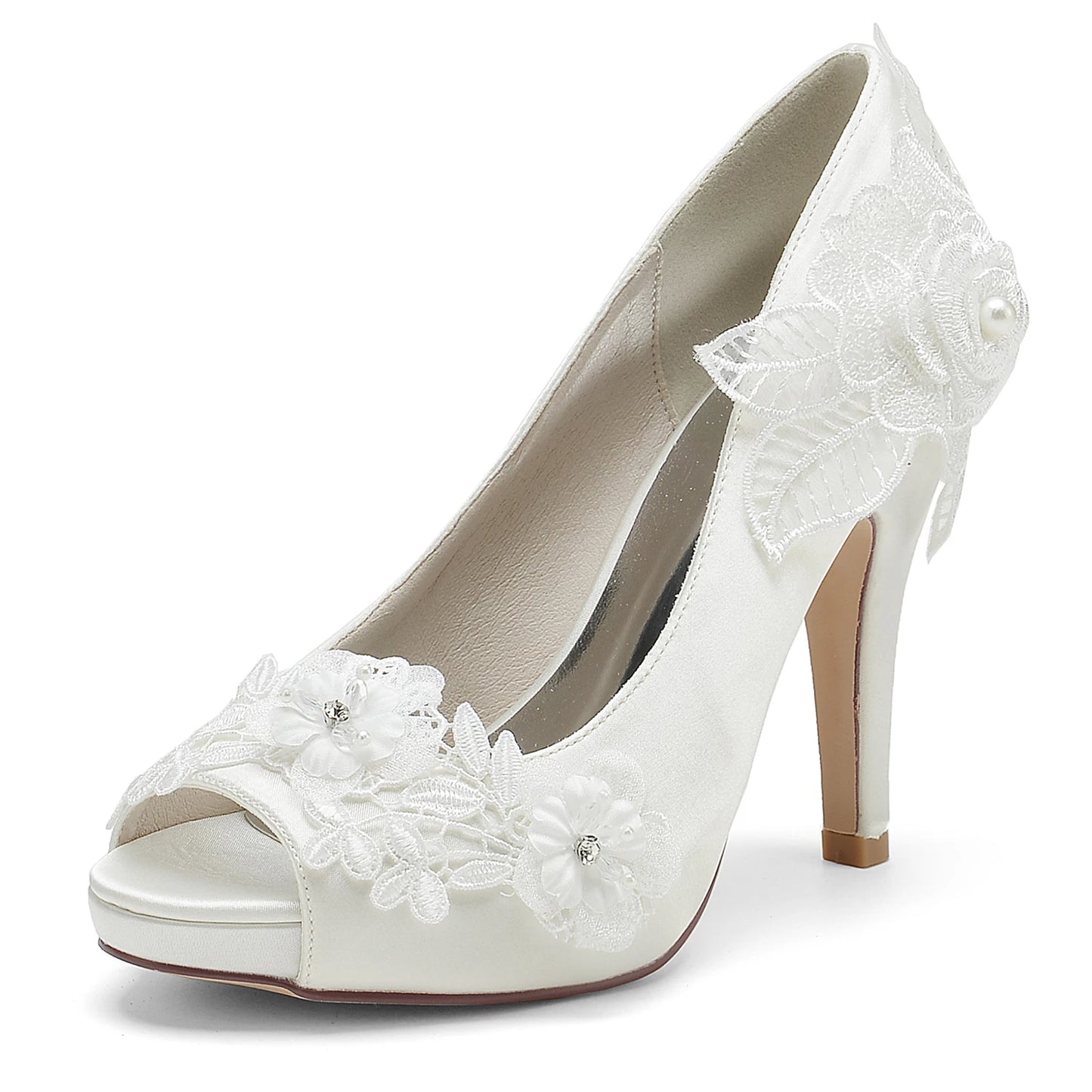 Elegant Satin Lace Flower Platform High Heels for Wedding