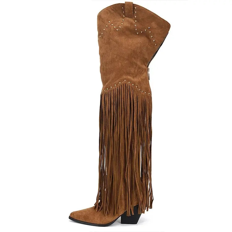 Pointed Toe Tassel Thigh High Boots Classic Block Heel Studded Cowboy