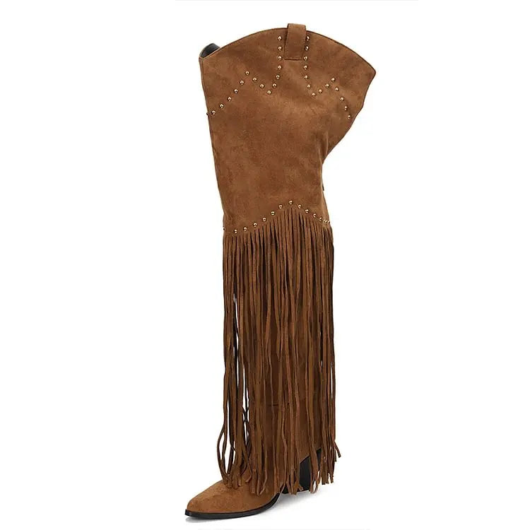 Pointed Toe Tassel Thigh High Boots Classic Block Heel Studded Cowboy