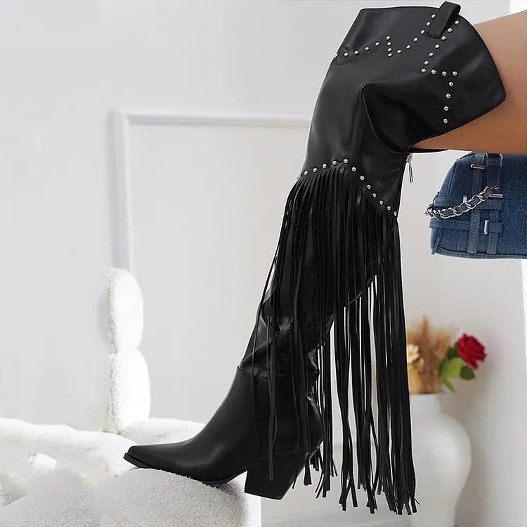 Pointed Toe Tassel Thigh High Boots Classic Block Heel Studded Cowboy