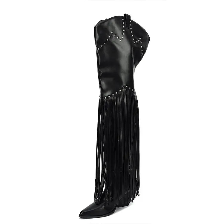 Pointed Toe Tassel Thigh High Boots Classic Block Heel Studded Cowboy