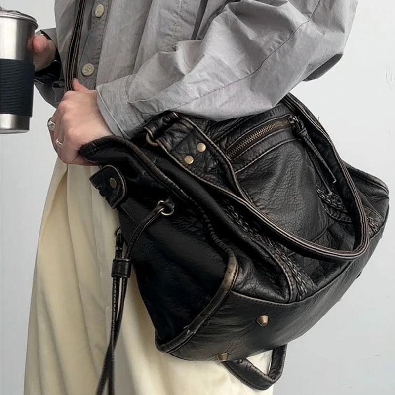 Vintage Washed Leather Motorcycle One Shoulder Crossbody Bag Large Capacity