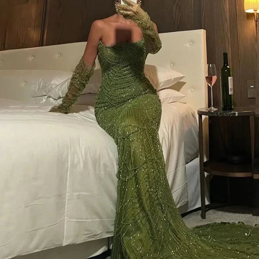 Luxury Olive Green Beaded Mermaid Evening Dress For Women Party Gown