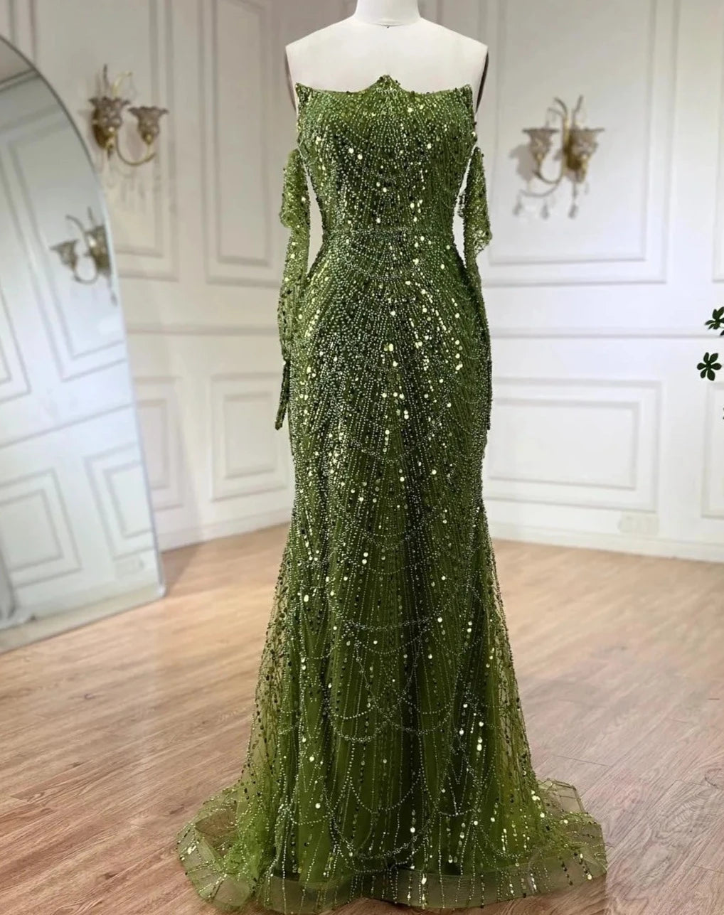 Luxury Olive Green Beaded Mermaid Evening Dress For Women Party Gown