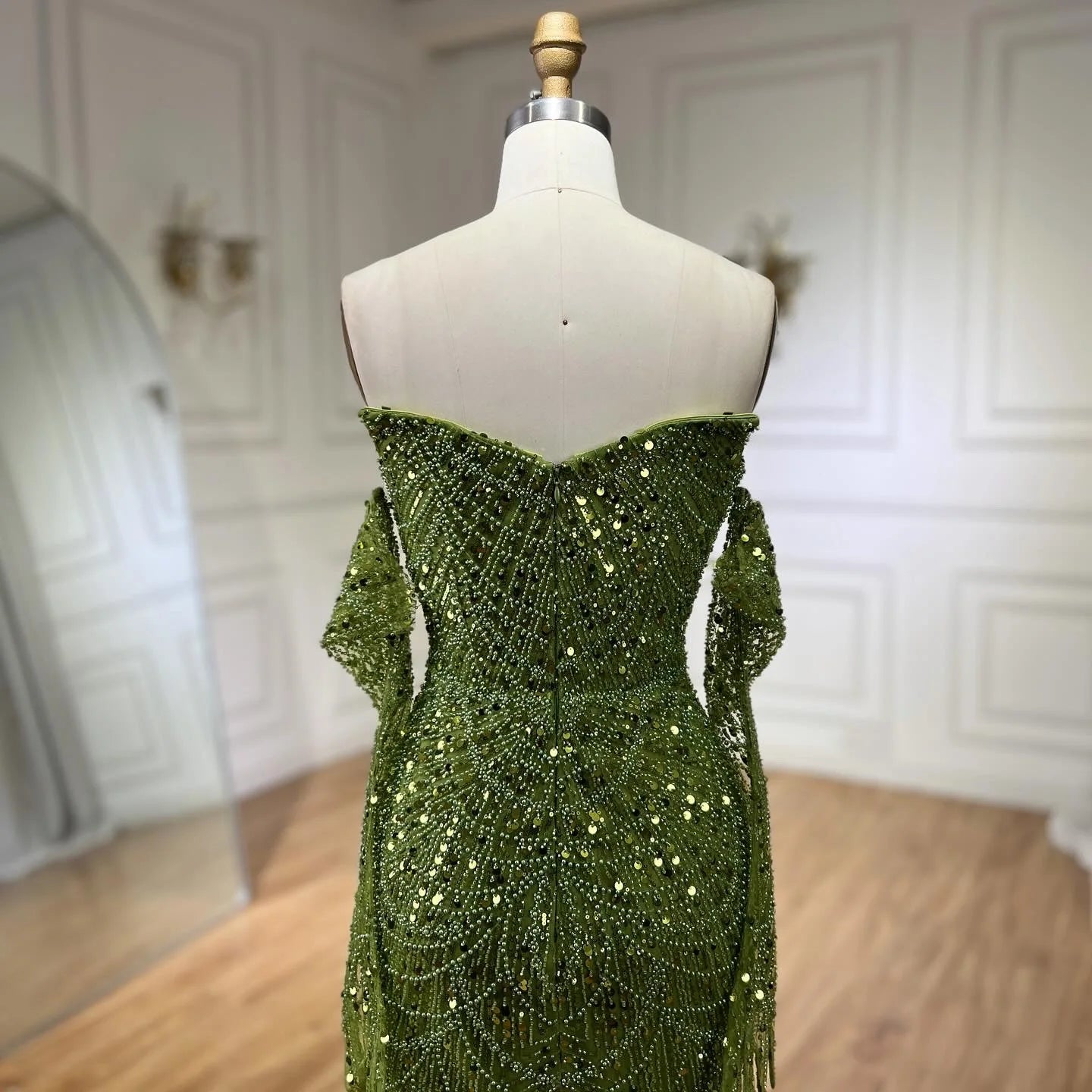 Luxury Olive Green Beaded Mermaid Evening Dress For Women Party Gown