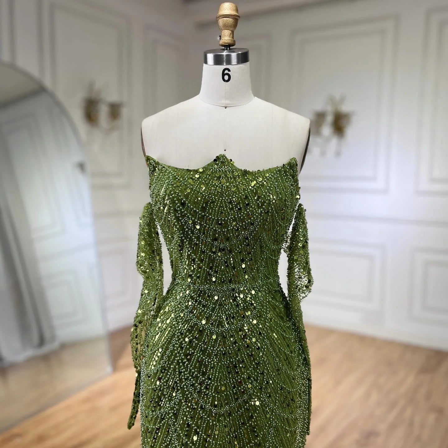 Luxury Olive Green Beaded Mermaid Evening Dress For Women Party Gown