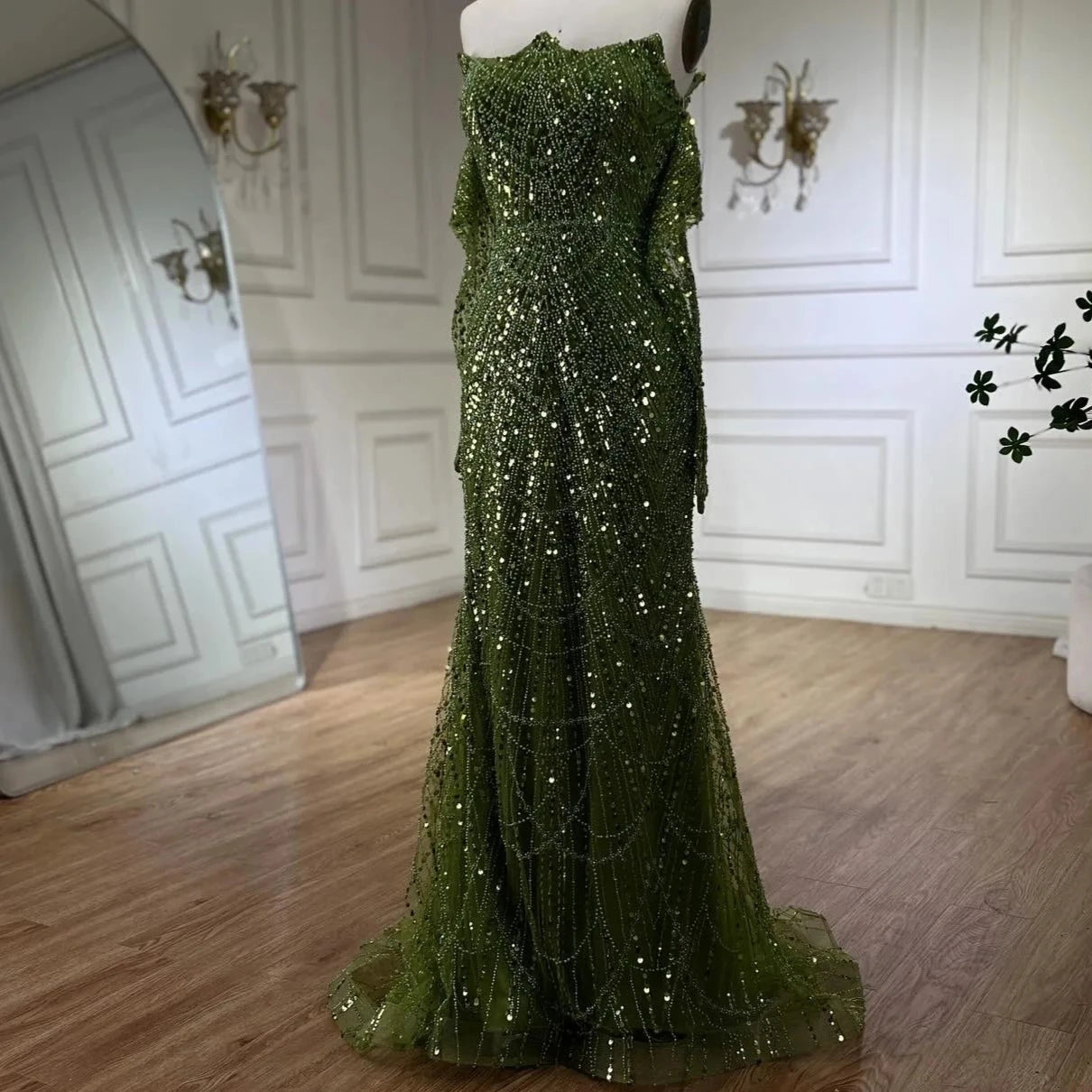 Luxury Olive Green Beaded Mermaid Evening Dress For Women Party Gown