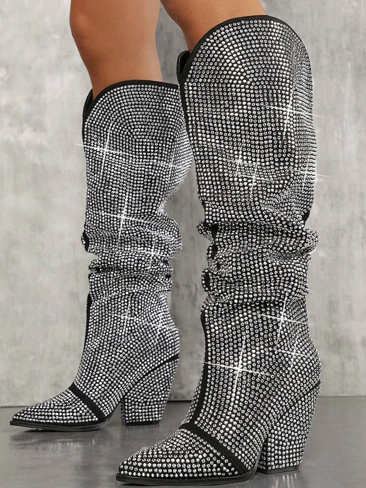 Rhinestone-Embellished Slouchy Knee-High Women Boots