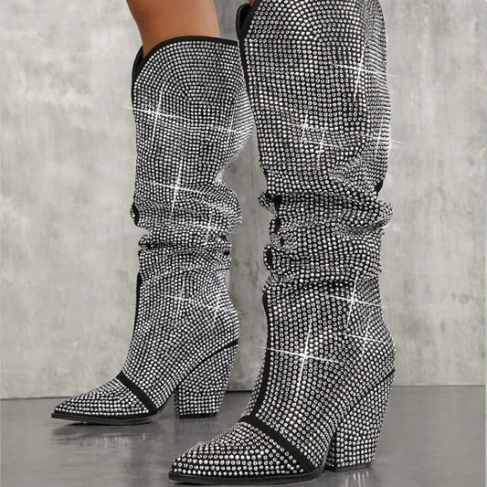 Rhinestone-Embellished Slouchy Knee-High Women Boots