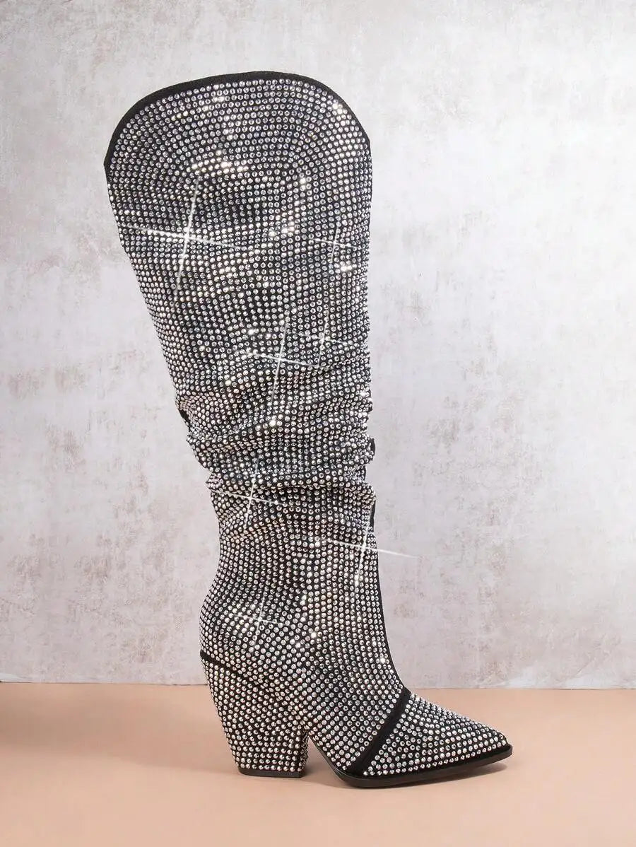 Rhinestone-Embellished Slouchy Knee-High Women Boots