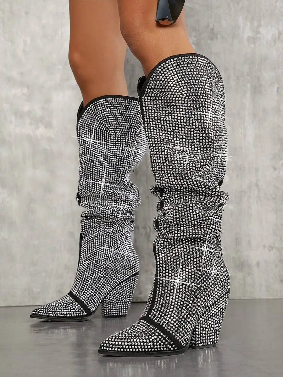 Rhinestone-Embellished Slouchy Knee-High Women Boots