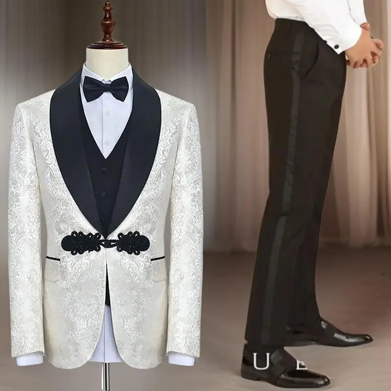 White Floral Tuxedo Slim Fit 3-Piece Suit with Black Lapel