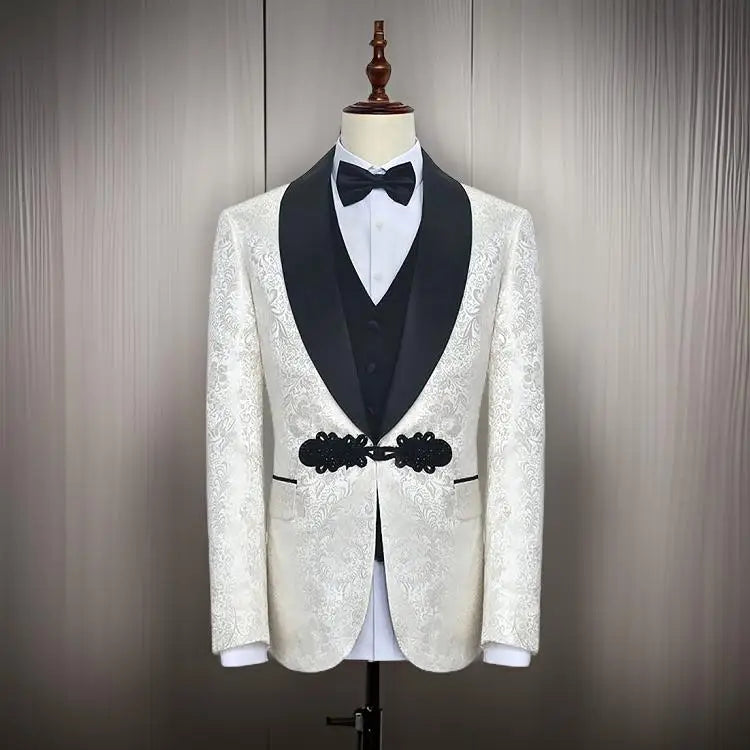 White Floral Tuxedo Slim Fit 3-Piece Suit with Black Lapel