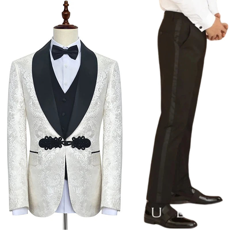 White Floral Tuxedo Slim Fit 3-Piece Suit with Black Lapel