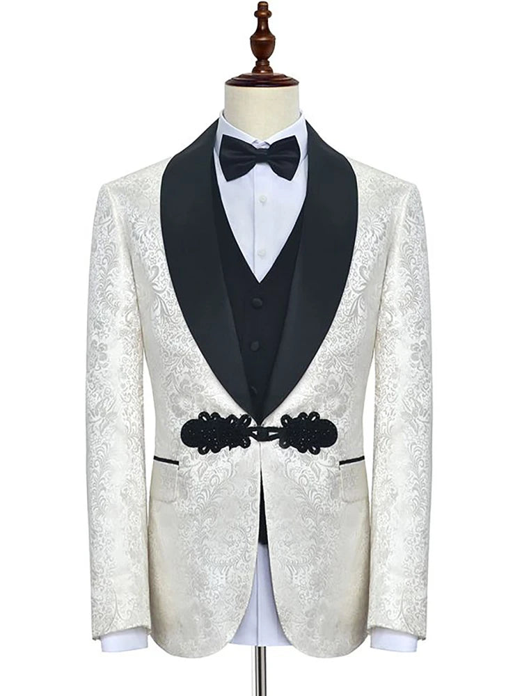 White Floral Tuxedo Slim Fit 3-Piece Suit with Black Lapel