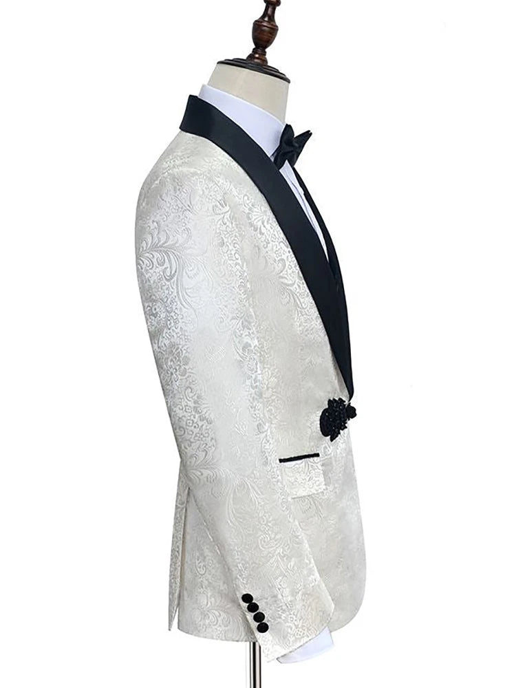 White Floral Tuxedo Slim Fit 3-Piece Suit with Black Lapel