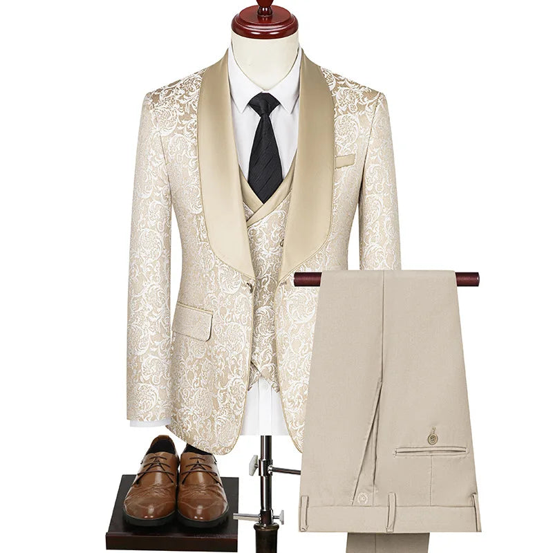 Cross-Border Plus-Size Men's Jacquard Suit 3 Piece Wedding Groom Suit