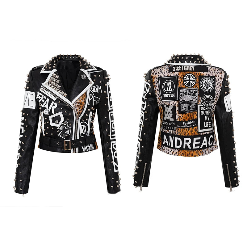 Short Leather Jackets For Punk Women Rivet Slim Streetwear Motorcycle Jackets Coat