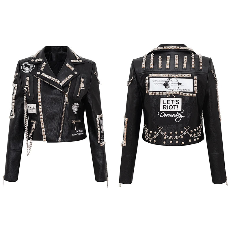 Short Leather Jackets For Punk Women Rivet Slim Streetwear Motorcycle Jackets Coat