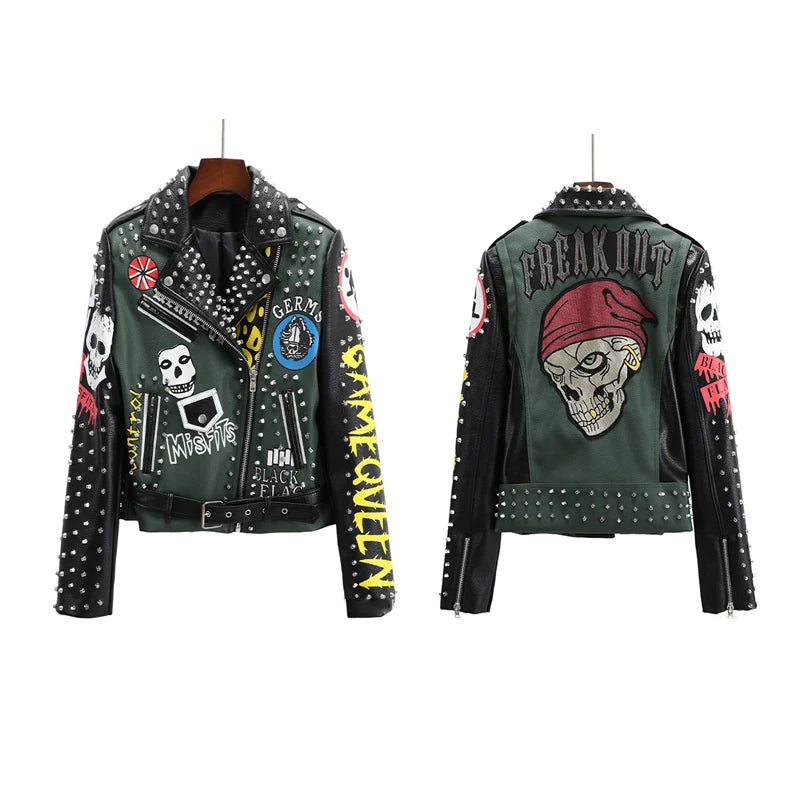 Short Leather Jackets For Punk Women Rivet Slim Streetwear Motorcycle Jackets Coat