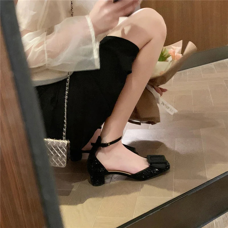 Square Buckle Shoes for Women Mid Heels Ankle-Strap Ladies Sandals