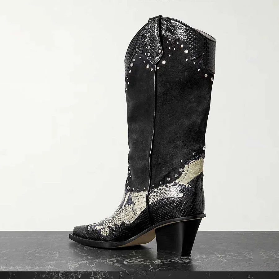 Black Cowboy Boots with Silver Studs and Snakeskin Texture