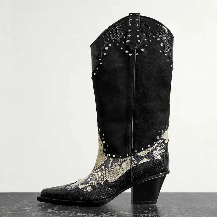 Black Cowboy Boots with Silver Studs and Snakeskin Texture