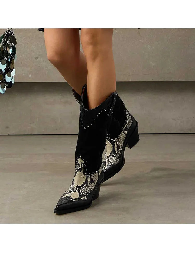 Black Cowboy Boots with Silver Studs and Snakeskin Texture