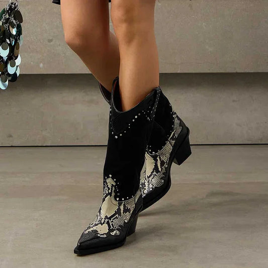 Black Cowboy Boots with Silver Studs and Snakeskin Texture