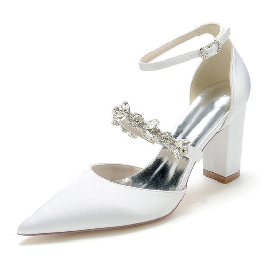 Elegant Satin Pointed Toe Evening Pumps with  Ankle Strap