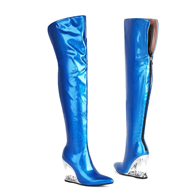 Tiger Teeth Shark Mouth Tooth Hallow Heels Women Over knee Long Boots