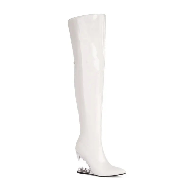 Tiger Teeth Shark Mouth Tooth Hallow Heels Women Over knee Long Boots