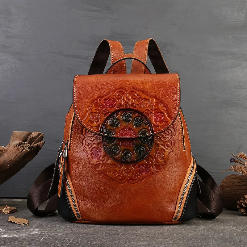 Vintage Floral Handmade Cowhide Travel Shoulder Bag for Women