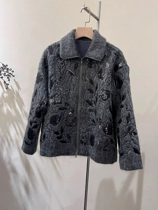 Women's Sequined Wool Mohair Blend Cardigan Jacket Floral Thickened