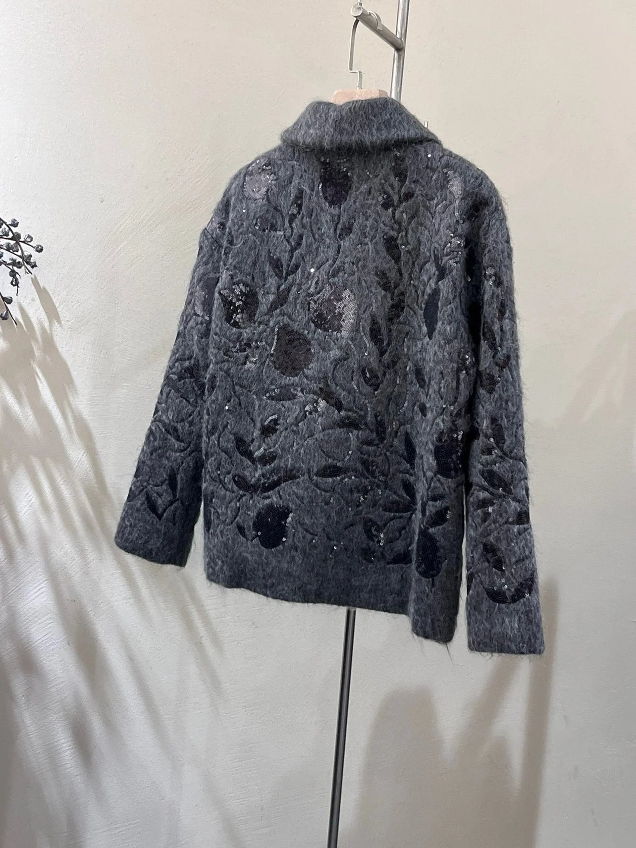 Women's Sequined Wool Mohair Blend Cardigan Jacket Floral Thickened