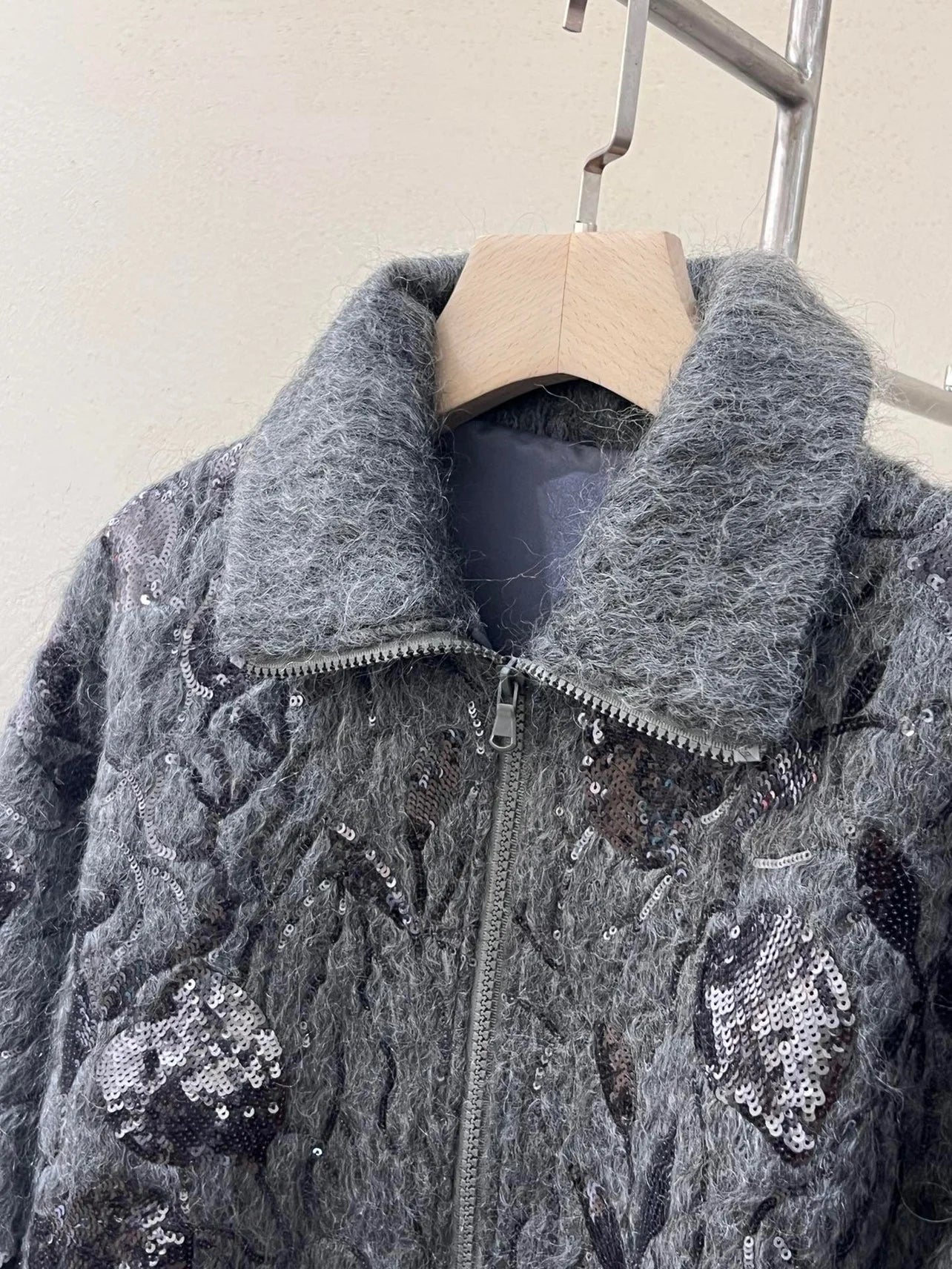 Women's Sequined Wool Mohair Blend Cardigan Jacket Floral Thickened