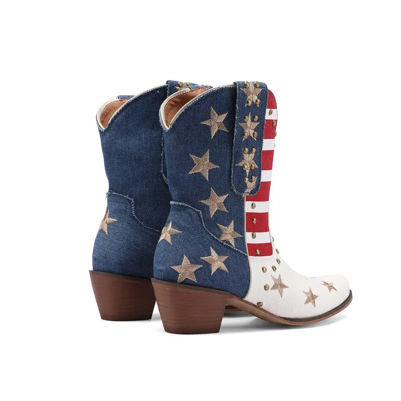 Women's Cowboy Western Boots  Denim Studded Rivets Embroidery Heeled Shoes