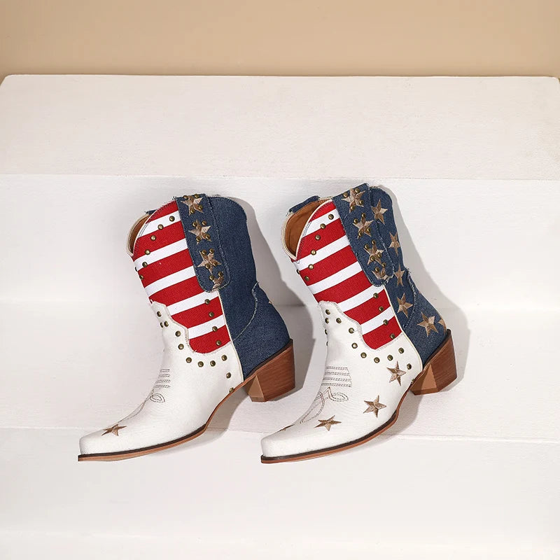 Women's Cowboy Western Boots  Denim Studded Rivets Embroidery Heeled Shoes