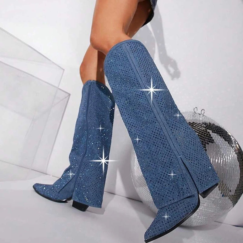 Women Blue Crystal-Embellished Knee-High Boots