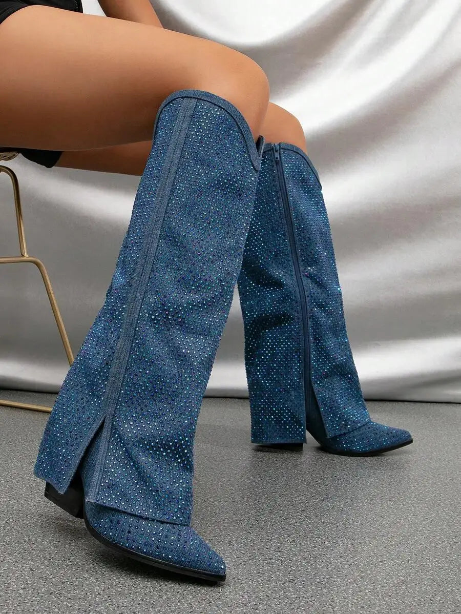 Women Blue Crystal-Embellished Knee-High Boots