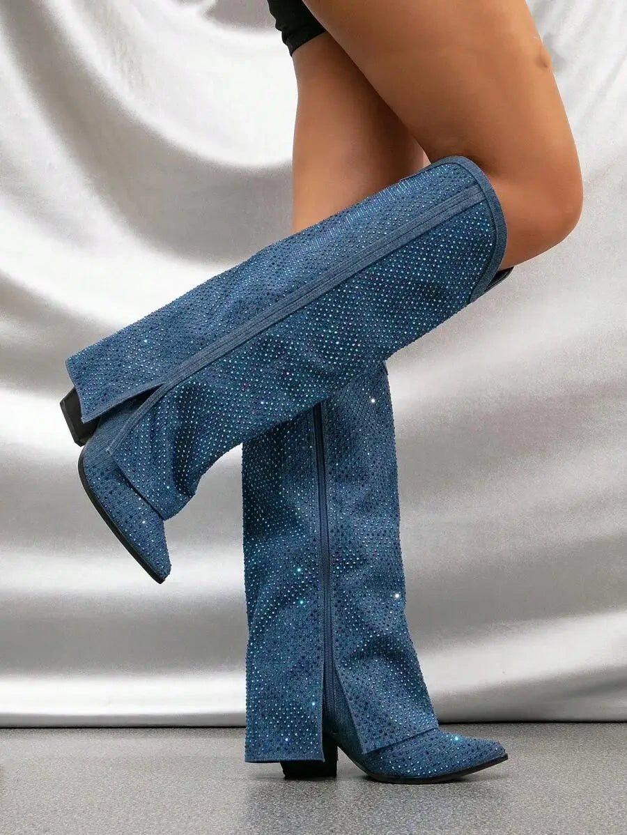 Women Blue Crystal-Embellished Knee-High Boots