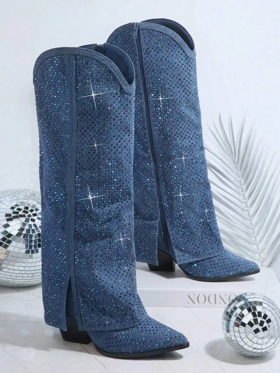 Women Blue Crystal-Embellished Knee-High Boots